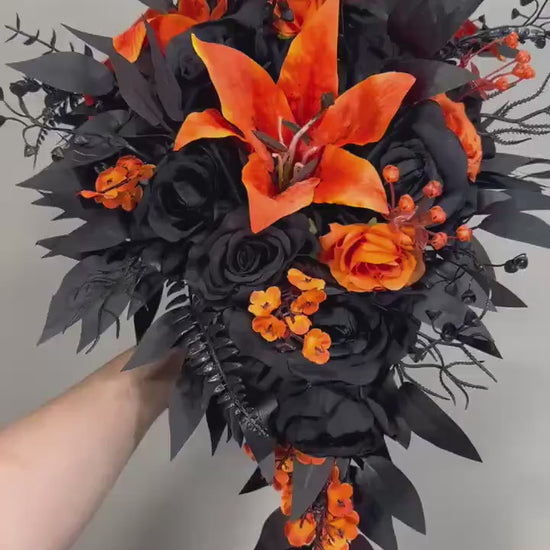 Black Orange Wedding Bouquet, Bridal Cascading Gothic Bouquet, Black Orange Cascade Bouquet, Halloween Bridesmaids Flowers,Artificial Flower