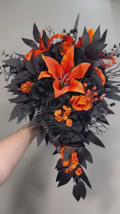 Black Orange Wedding Bouquet, Bridal Cascading Gothic Bouquet, Black Orange Cascade Bouquet, Halloween Bridesmaids Flowers,Artificial Flower