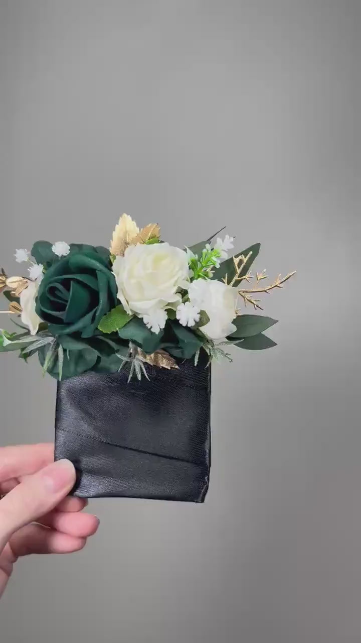 Emerald Green Pocket Boutonniere Wedding Groom White Hunter Green Forest Groomsmen Square Boutonniere Gold Eucalyptus Artificial Flower
