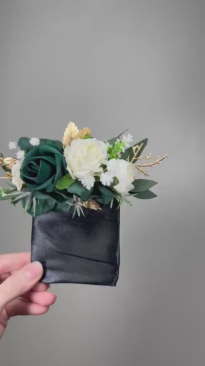Emerald Green Pocket Boutonniere Wedding Groom White Hunter Green Forest Groomsmen Square Boutonniere Gold Eucalyptus Artificial Flower
