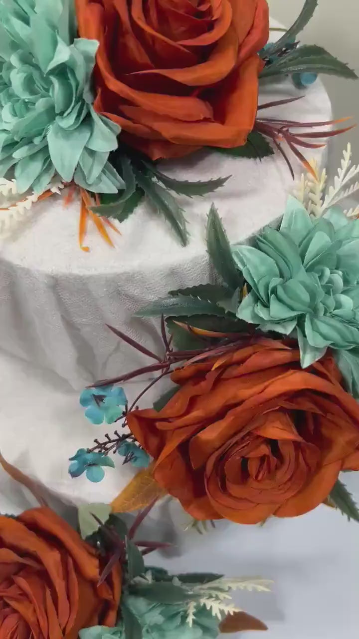 Teal Rust Cake Decoration Wedding Teal Cake Topper Teal Rust White Wedding Cake Decoration Flower Rust Turquoise Artificial Topper Blue
