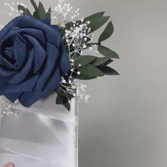 Navy Blue Pocket Boutonniere Wedding White Navy Blue Groom Boutonnière Square Groomsmen Blue Eucalyptus Boutonnière Artificial Flowers