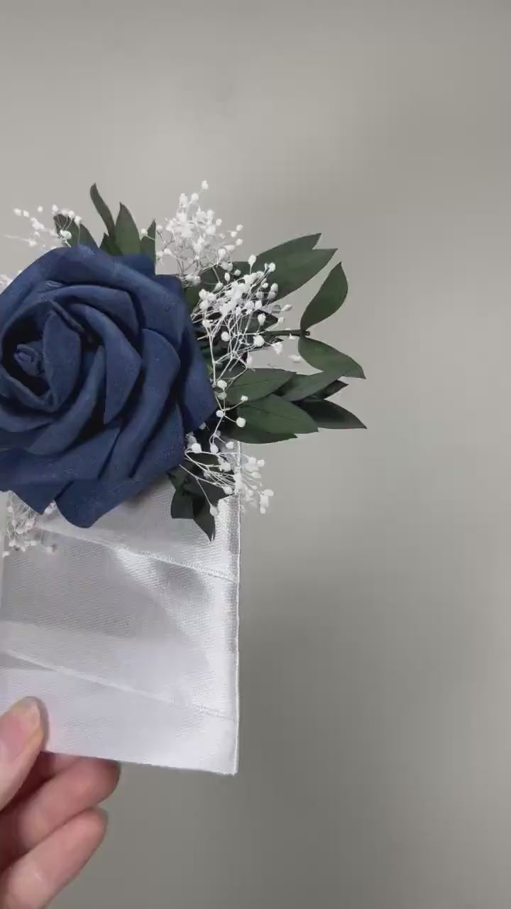 Navy Blue Pocket Boutonniere Wedding White Navy Blue Groom Boutonnière Square Groomsmen Blue Eucalyptus Boutonnière Artificial Flowers