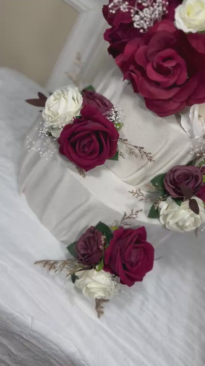 Wedding Cake Decoration Burgundy Topper Decor White Cake Arrangements Wedding Burgundy Ivory Cake Decor Wedding Artificial Flowers Topper
