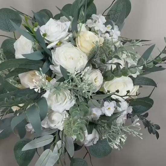 Wedding Bouquet Cascade White Bridal  Bridesmaids Cascading Bouquet Wedding Bouquet Ivory Decor Eucalyptus Greenety Sage Flower Artificial
