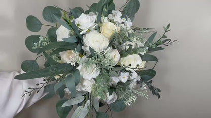Wedding Bouquet Cascade White Bridal  Bridesmaids Cascading Bouquet Wedding Bouquet Ivory Decor Eucalyptus Greenety Sage Flower Artificial