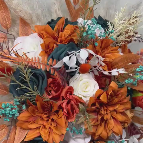 Orange Teal Bouquet Wedding Bridal Boho Terracotta Dark Teal Blue White Bridesmaids Bouquet Pampas Grass Rust Fall Bouquet Artificial