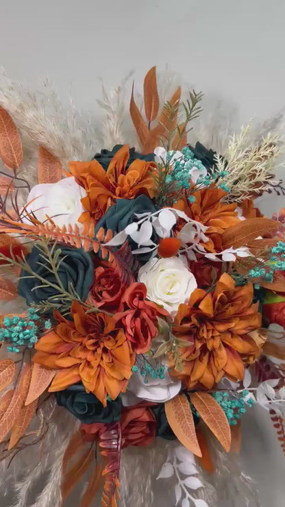 Orange Teal Bouquet Wedding Bridal Boho Terracotta Dark Teal Blue White Bridesmaids Bouquet Pampas Grass Rust Fall Bouquet Artificial