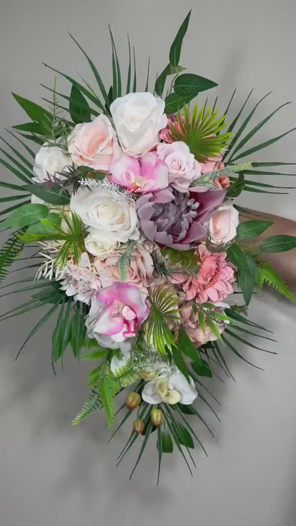 Wedding Cascade Bouquet Bridal White Cascading Bouquet Pink Peach Bridesmaids Bouquet Protea Coral Tropical Beach Orchid Artificial Flower