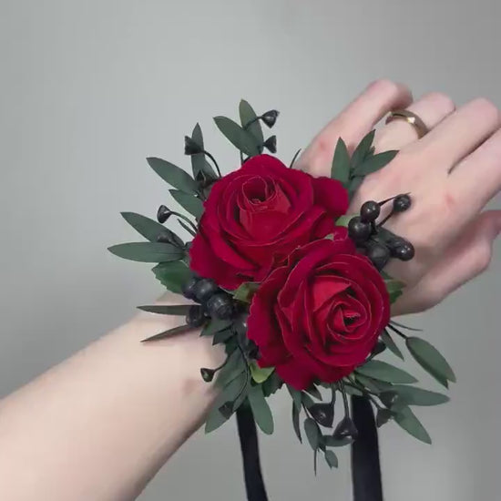 Red Corsage Wedding Wrist Corsage Dark Red Eucalyptus Bridesmaids Dark Red Corsage Prom Corsage Red Black Artificial Flower