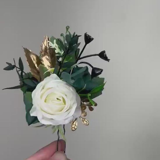 Emerald Green Hair Pin White Wedding Gold Flower Girl Headpiece Floral Ivory Hair Pin  Accessories Hair Pin Hunter Green Artificial Flowers