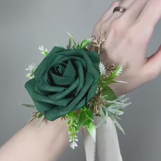 Emerald Green Corsage Wedding Green Gold Corsage Hunter Green Wrist Corsage Bridesmaids Forest Green Gold Corsage Prom Artificial Flower