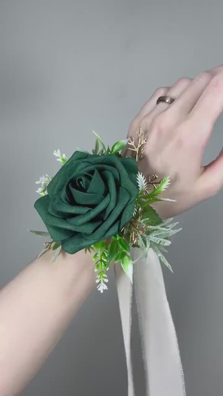Emerald Green Corsage Wedding Green Gold Corsage Hunter Green Wrist Corsage Bridesmaids Forest Green Gold Corsage Prom Artificial Flower