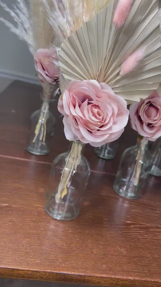 Dusty Rose Boho Wedding Centerpiece • Pampas Grass & Palm Leaf Floral • Silk Table Decor • Rustic Bridal Shower Arrangement