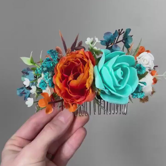 Teal Orange Flower Comb Wedding Teal Burnt Orange Head Piece Hair Comb Turquoise Terracotta Wedding Teal Blue Hair Accessories Hair Comb
