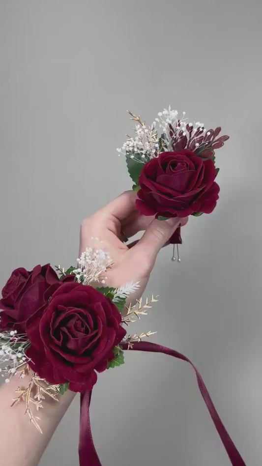 Burgundy Corsage Wedding Wrist Corsage Burgundy Gold Bridesmaids Baby Breath Corsage Wine Red Prom Corsage Maroon Artificial Flower