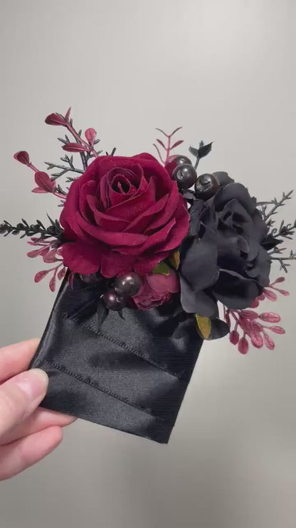 Wedding Pocket Boutonniere Black Groom Boutonnière Square Burgundy Groomsmen Halloween Burgundy Black Gothic Artificial Flowers