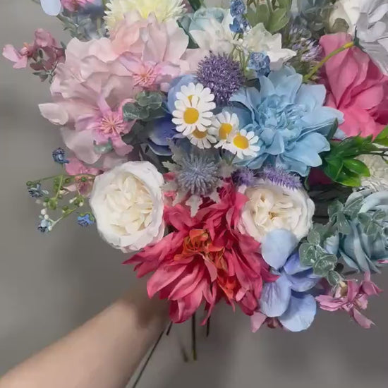 Summer Wedding Bouquet Wild Flower Pink Bridal White Spring Bouquet Pink Blush Blue Bridesmaids Bouquet Blue Wild Flower Artificial