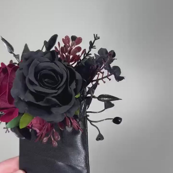 Wedding Pocket Boutonniere Black Groom Boutonnière Square Burgundy Groomsmen Halloween Burgundy Black Gothic Artificial Flowers