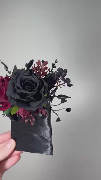 Wedding Pocket Boutonniere Black Groom Boutonnière Square Burgundy Groomsmen Halloween Burgundy Black Gothic Artificial Flowers
