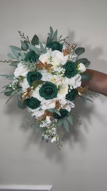 Emerald Green Bouquet Bridal Cascade White Hunter Green Bridesmaids Bouquet Emerald Green Forest Ivory Cascading Bouquet Gold Artificial