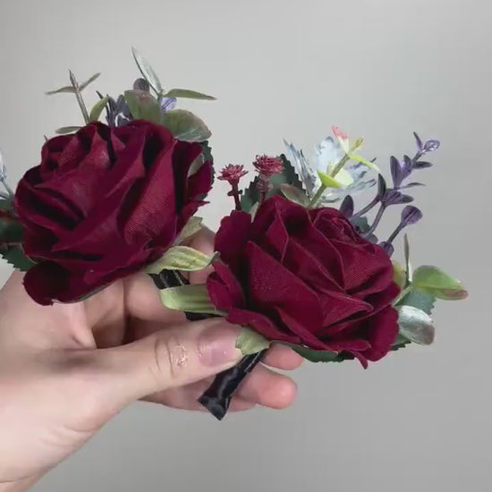 Burgundy Boutonnière Wedding Gothic Black Corsage Bridesmaids Dusty Blue Corsage Mom Black Burgundy Accessories Blue Artificial Flower