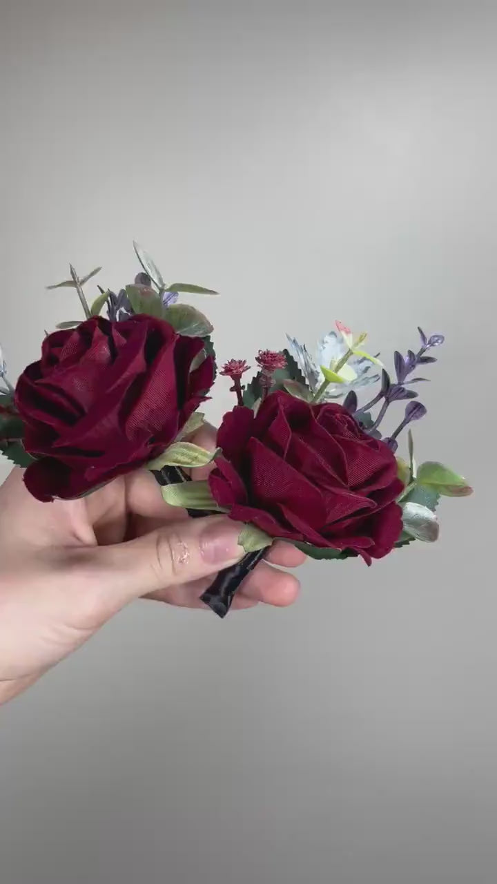 Burgundy Boutonnière Wedding Gothic Black Corsage Bridesmaids Dusty Blue Corsage Mom Black Burgundy Accessories Blue Artificial Flower