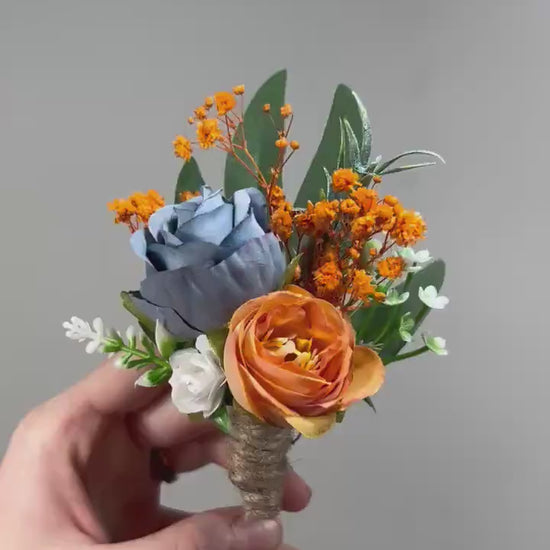 Blue Orange Boutonniere Wedding Dusty Blue Burnt Orange Groom Boutonnière White Groomsmen Dusty Blue Terracotta Boutonniere Artificial