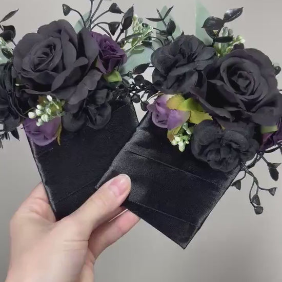 Black Pocket Boutonniere Wedding Groom Boutonnière Purple Square Groomsmen Pocket Boutonniere Black Wedding Sage Gothic Artificial Flowers