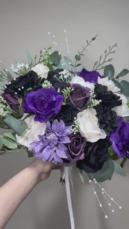 Black Bouquet Dark Purple Bridal Wedding Gothic Bouquet Black White Decor Royal Purple Black Bridesmaids Bouquet Sage Artificial Flower