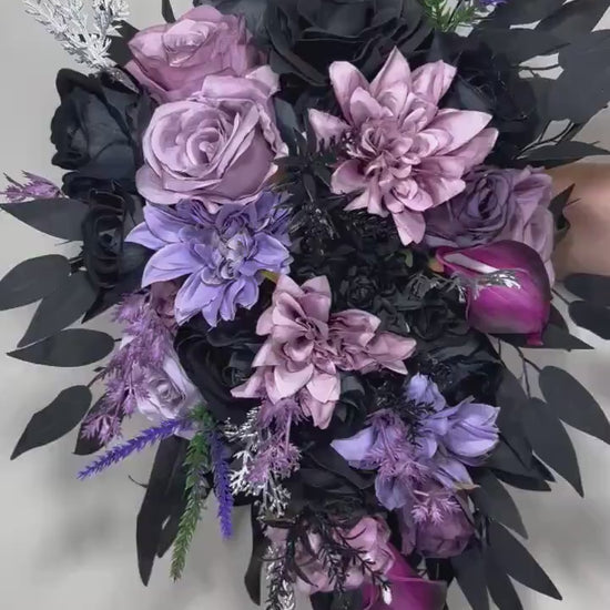 Wedding Bouquet Black Purple Bridal Cascade Bouquet Black Dark Purple Bridesmaids Bouquet Black Purple Calla Lily Artificial Flower