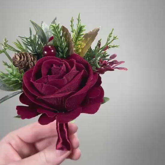 Burgundy Boutonnière Wedding Groom Christmas Winter Groomsmen Gold Pine Cones Maroon Rose Rustic Lapel Pin Men Evergreen Artificial Flower