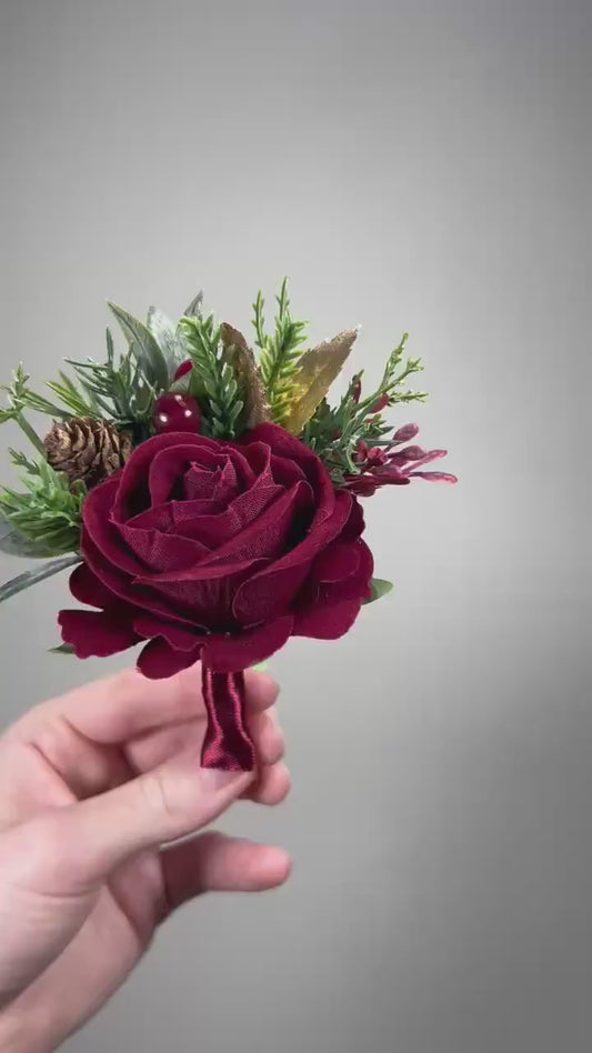 Burgundy Boutonnière Wedding Groom Christmas Winter Groomsmen Gold Pine Cones Maroon Rose Rustic Lapel Pin Men Evergreen Artificial Flower