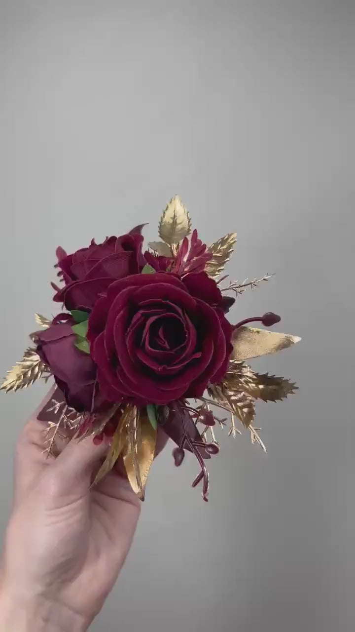 Burgundy Cake Decor Wedding Gold Wine Red Cake Flowers Artificial Burgundy Cake Arrangements Gold Maroon Cake Flower Topper Silk Flower