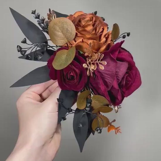 Cake Decoration Burgundy Wedding Topper Decor Black Cake Arrangements Wedding Gold Rust Decoration Brown Cinnamon Artificial Flowers