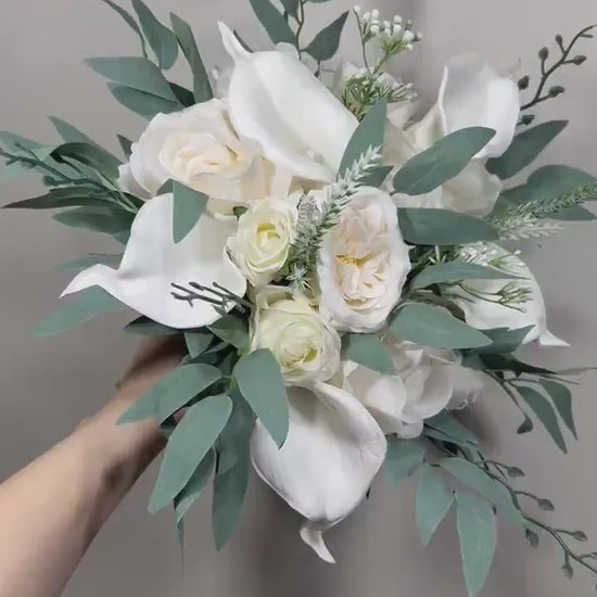 Wedding Calla Lilies Bouquet White Bridal Ivory Bouquet Classic Sage Eucalyptus Greenery Calla Lily Bridesmaids Bouquet Artificial Flowers
