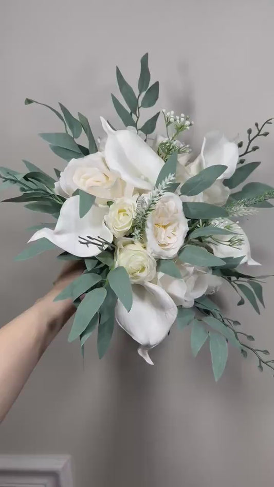 Wedding Calla Lilies Bouquet White Bridal Ivory Bouquet Classic Sage Eucalyptus Greenery Calla Lily Bridesmaids Bouquet Artificial Flowers