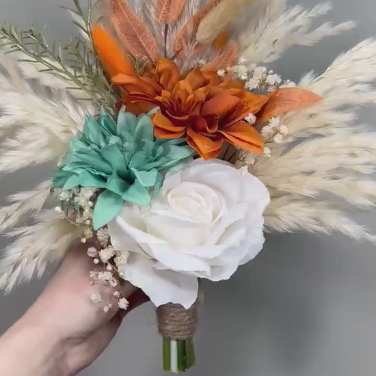 Bridesmaids Bouquet Teal Orange Wedding Boho Turquoise Terracotta Small Bouquet Petite Pampas Grass Rust Baby Breath White Ivory Teal Blue