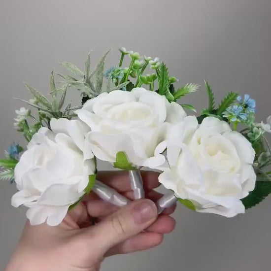White Boutonniere Wedding Groom Ivory Groomsmen Boutonnière White Artificial Flowers Eucalyptus Blue White Rose Boutonniere Baby Breath Blue