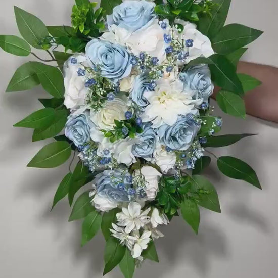 Wedding Bouquet Cascade Blue White Bridesmaids Baby Blue Bridal Cascading Sky Blue Dusty Bouquet Eucalyptus Baby Breath Artificial Flower