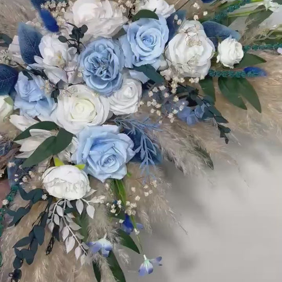 Blue White Arch Arrangement Pampas Grass Wedding Dusty Blue Royal Ivory Boho Arbor Ties Arrangement Eucalyptus Backdrop Artificial Flowers