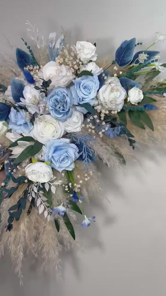 Blue White Arch Arrangement Pampas Grass Wedding Dusty Blue Royal Ivory Boho Arbor Ties Arrangement Eucalyptus Backdrop Artificial Flowers