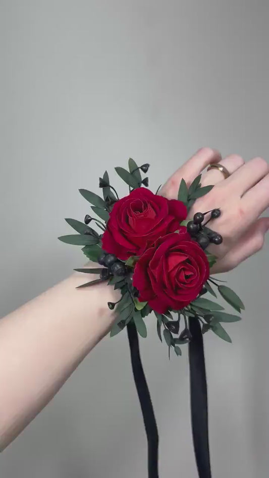 Red Corsage Wedding Wrist Corsage Dark Red Eucalyptus Bridesmaids Dark Red Corsage Prom Corsage Red Black Artificial Flower