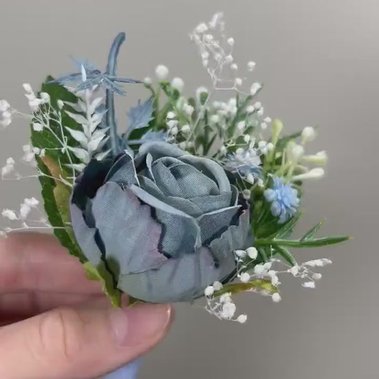 Wedding Boutonniere Dusty Blue Groom Wedding Groomsmen Boutonnière Blue Artificial Flowers Dusty Blue Peony Classic Boutonniere Baby Breath