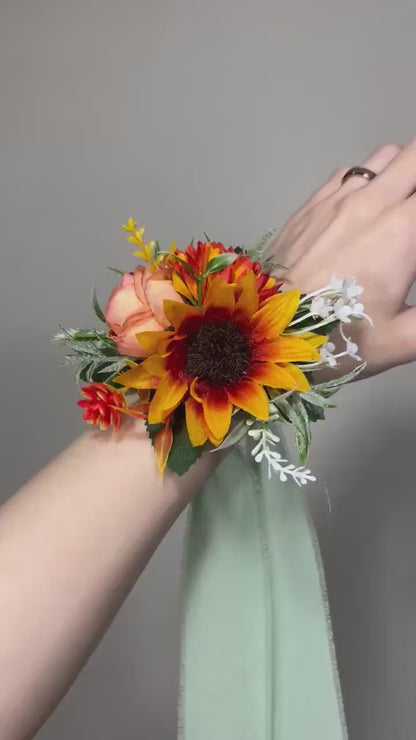 Sunflower Corsage Wedding Wrist Corsage Sunflower Bridesmaids Corsage Burnt Orange Corsage Terracotta Sunflower Artifitical Flower