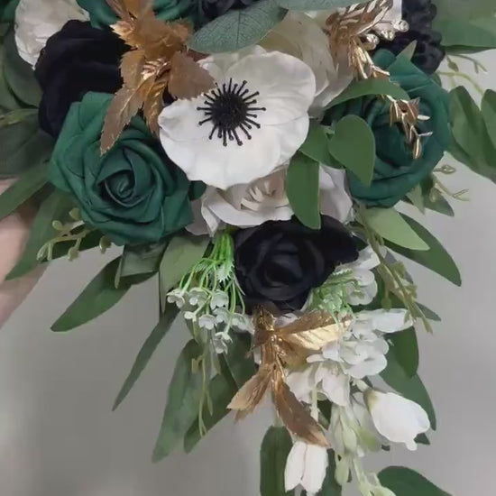 Emerald Green Bouquet Bridal Cascade White Black Bouquet Bridesmaids Emerald Green Forest Anemone Cascading Bouquet Gold Artificial Flower