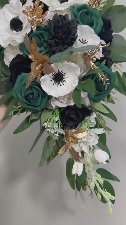 Emerald Green Bouquet Bridal Cascade White Black Bouquet Bridesmaids Emerald Green Forest Anemone Cascading Bouquet Gold Artificial Flower