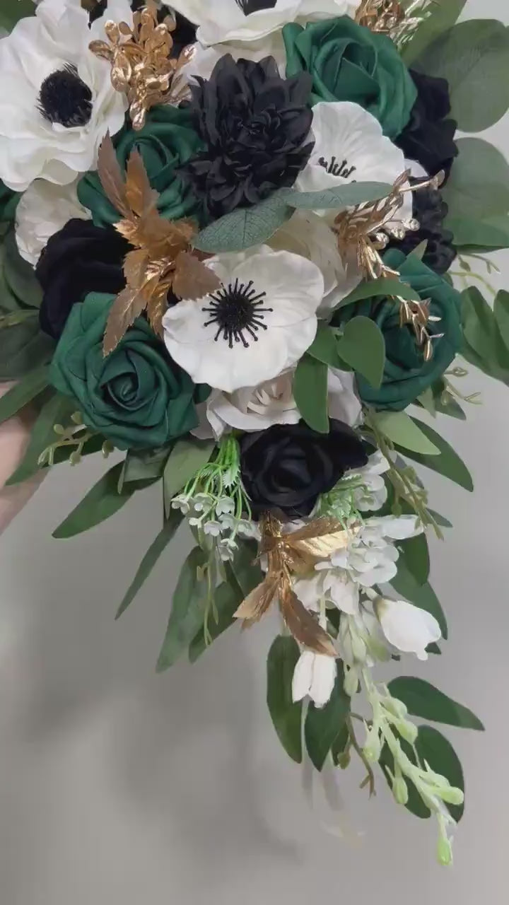 Emerald Green Bouquet Bridal Cascade White Black Bouquet Bridesmaids Emerald Green Forest Anemone Cascading Bouquet Gold Artificial Flower