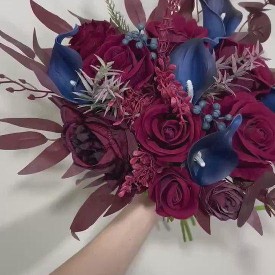 Burgundy and Navy Wedding Bridal Bouquet with Real Touch Calla Lily