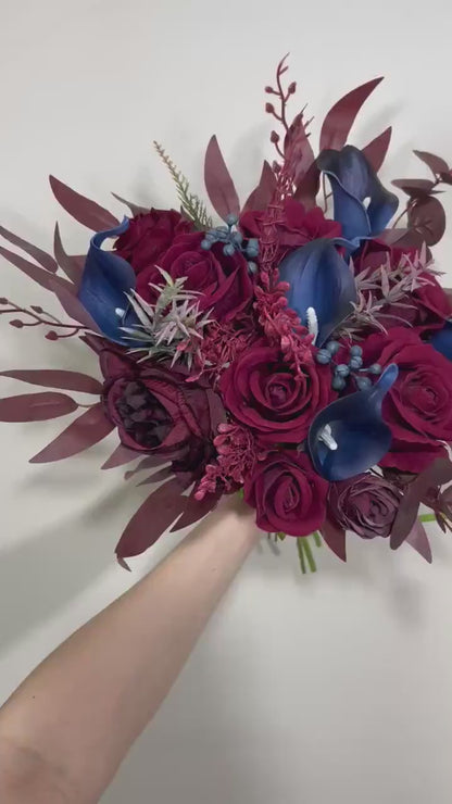 Burgundy and Navy Wedding Bridal Bouquet with Real Touch Calla Lily